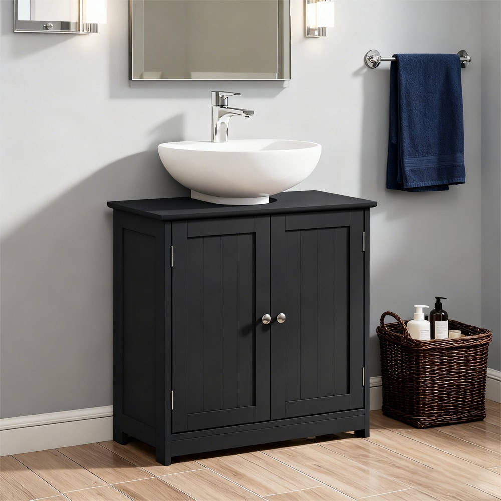 Pedestal Sink Storage Cabinet, Bathroom Sink Cabinet With U-Shape Cut-Out And Adjustable Shelf, Black_voghion.com
